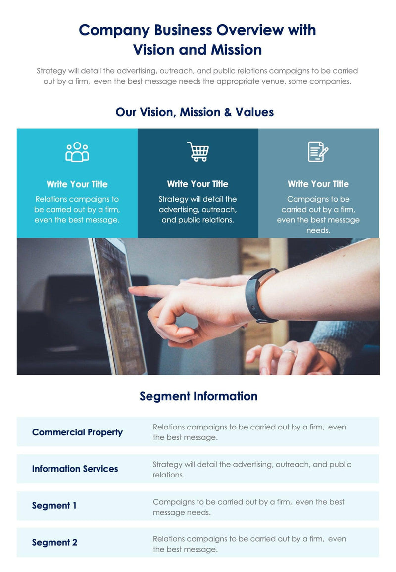 One-Pagers-Infographics Infographics Blue Company Business Overview with Vision and Mission One Page Document Report powerpoint-template keynote-template google-slides-template infographic-template