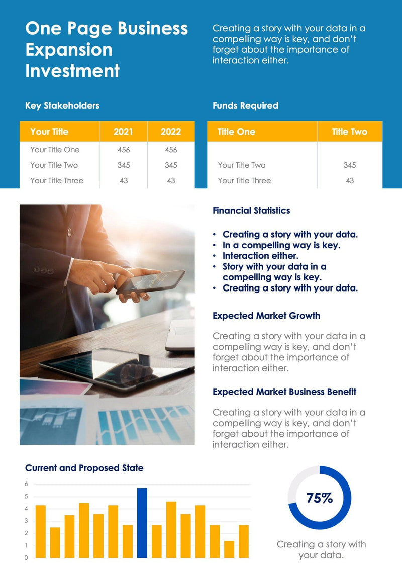 One-Pagers-Infographics Infographics Yellow Business Expansion Investment One Page Summary Report Document powerpoint-template keynote-template google-slides-template infographic-template