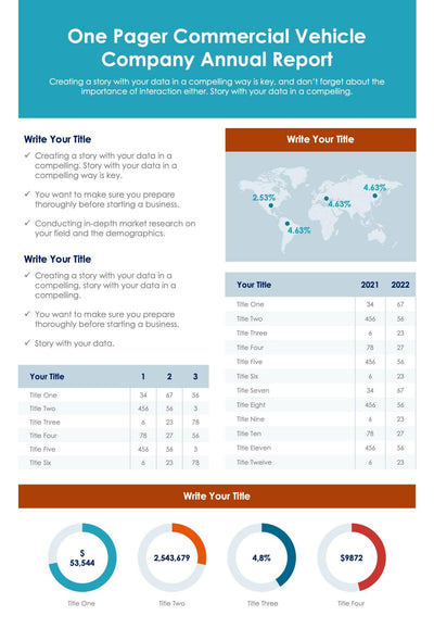 One-Pagers-Slides Slides Blue and Brown One Pager Commercial Vehicle Company Annual Report Document powerpoint-template keynote-template google-slides-template infographic-template