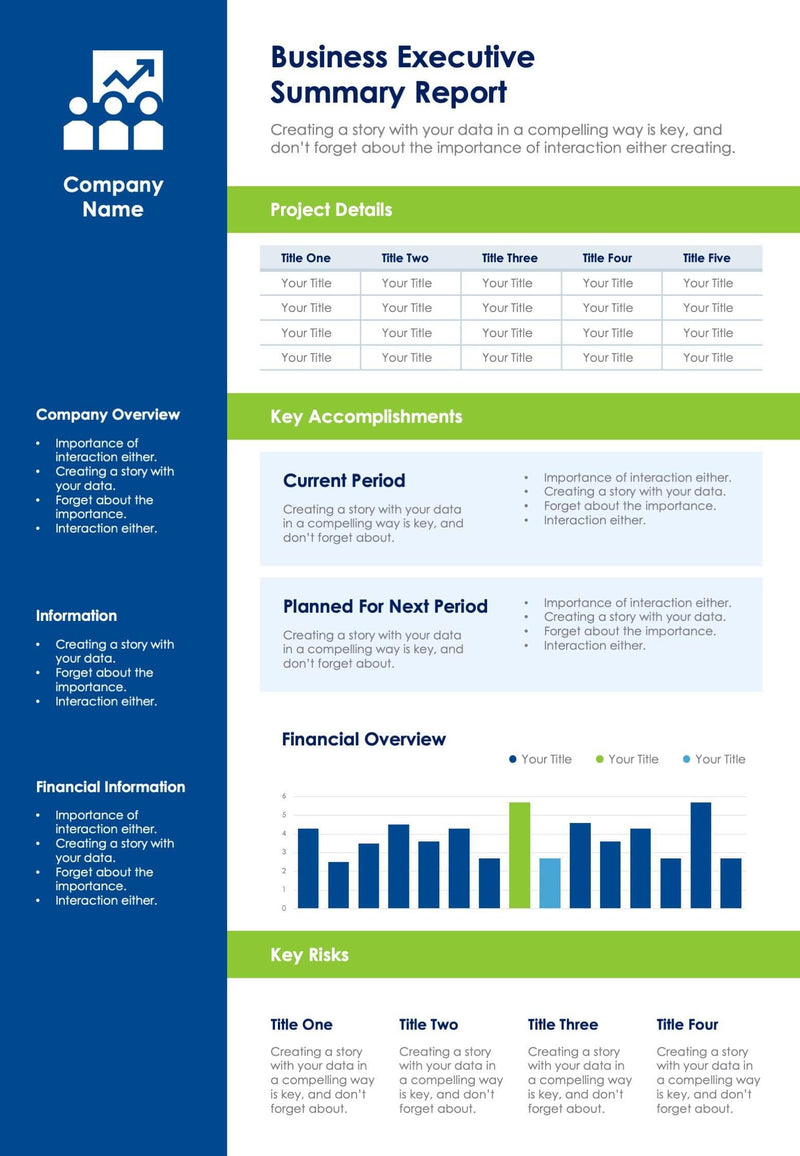 One-Pagers-Slides Slides Blue and Green Business Executive One Page Summary Report Document powerpoint-template keynote-template google-slides-template infographic-template