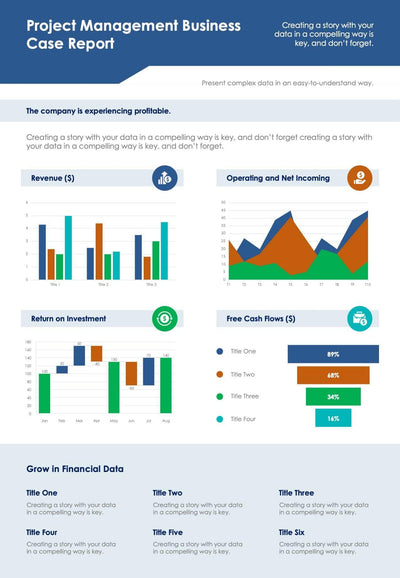 One-Pagers-Slides Slides Blue Project Management Business Case One Page Report Document powerpoint-template keynote-template google-slides-template infographic-template